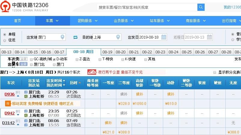 厦门到上海动车要多久？