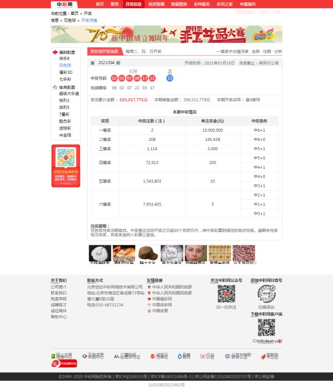 双色球2021004期开奖号码是多少？