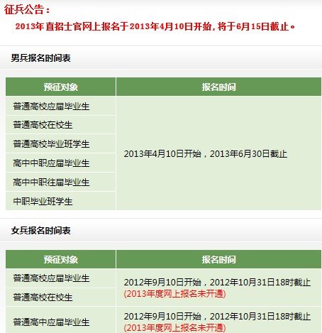 关于2013年征兵时间。