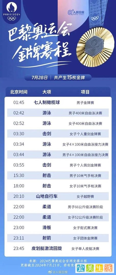 巴黎奥运会｜含“金”量超高的赛程表，收藏！