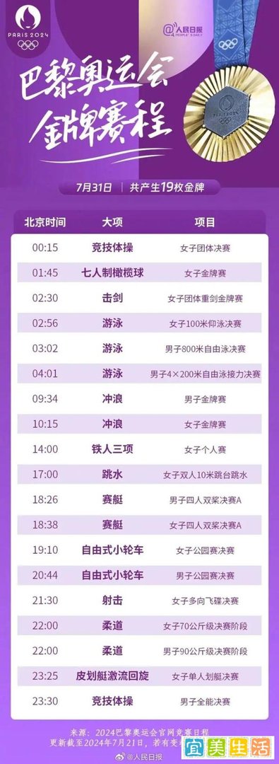 巴黎奥运会｜含“金”量超高的赛程表，收藏！