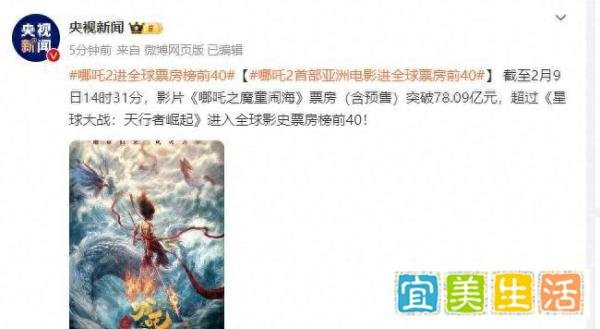 《哪吒2》进全球票房榜前40