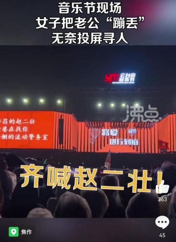 音乐节现场女子蹦丢老公，无奈投屏寻人