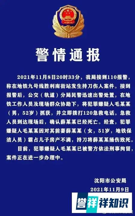 悲剧。男子地铁内持刀捅死前妻，因对前妻霸占儿子房产不满。沈阳男子地铁内持械伤人，乘客逃离。