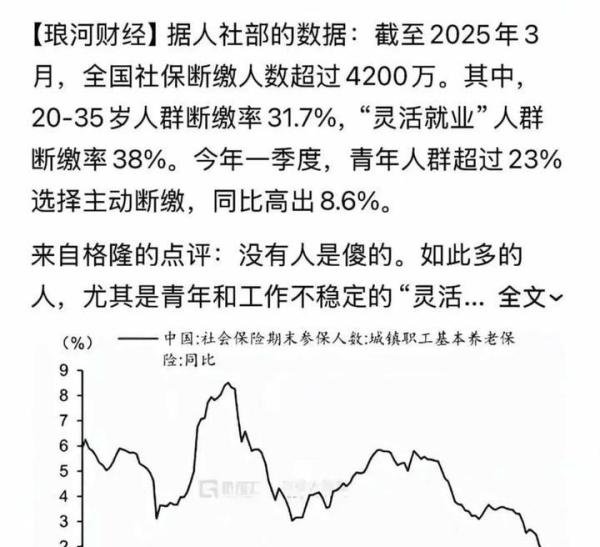 截至3月底，全国社保断缴人数4200万，25到35岁人群断缴率31.7%