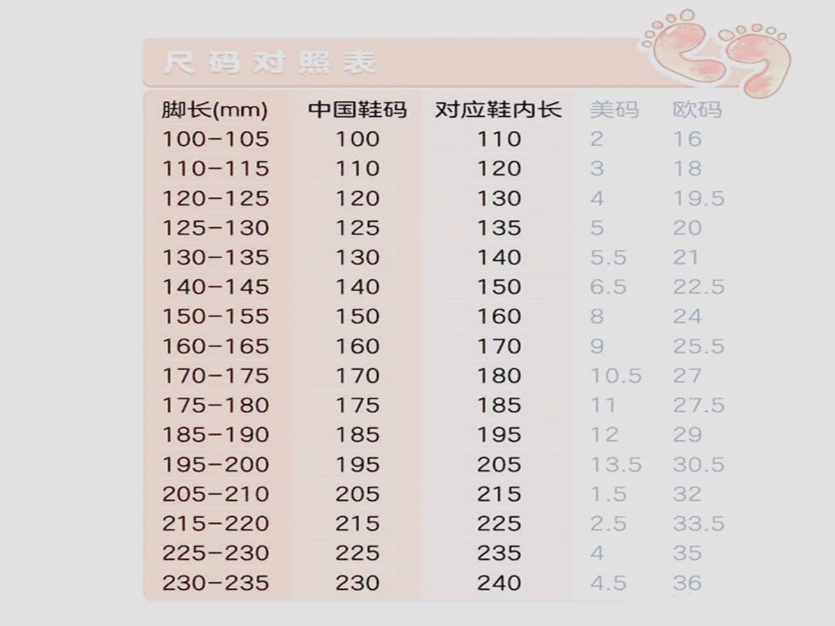 儿童鞋子尺码表