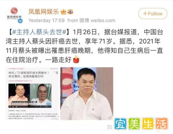 小S：一路走好我心中永远的喜剧天王。发现已是晚期，著名主持人蔡头肝癌去世。好友痛哭病因。