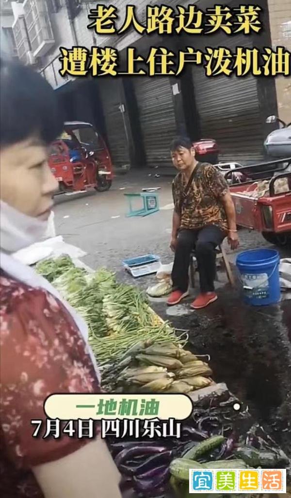 四川乐山，两名老人卖菜时遭楼上住户被泼机油