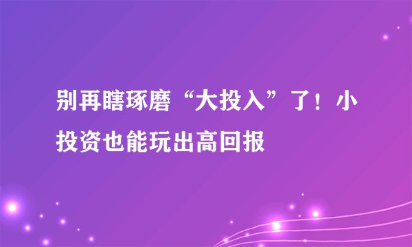 别再瞎琢磨“大投入”了！小投资也能玩出高回报