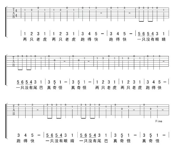 吉他《两只老虎》怎么弹？