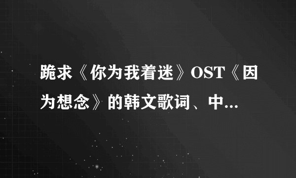 跪求《你为我着迷》OST《因为想念》的韩文歌词、中文翻译、罗马音。