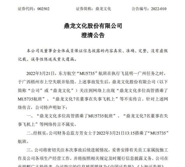 鼎龙文化：“7名董事在失事飞机上”等传言不实，确认财务总监搭乘了航班